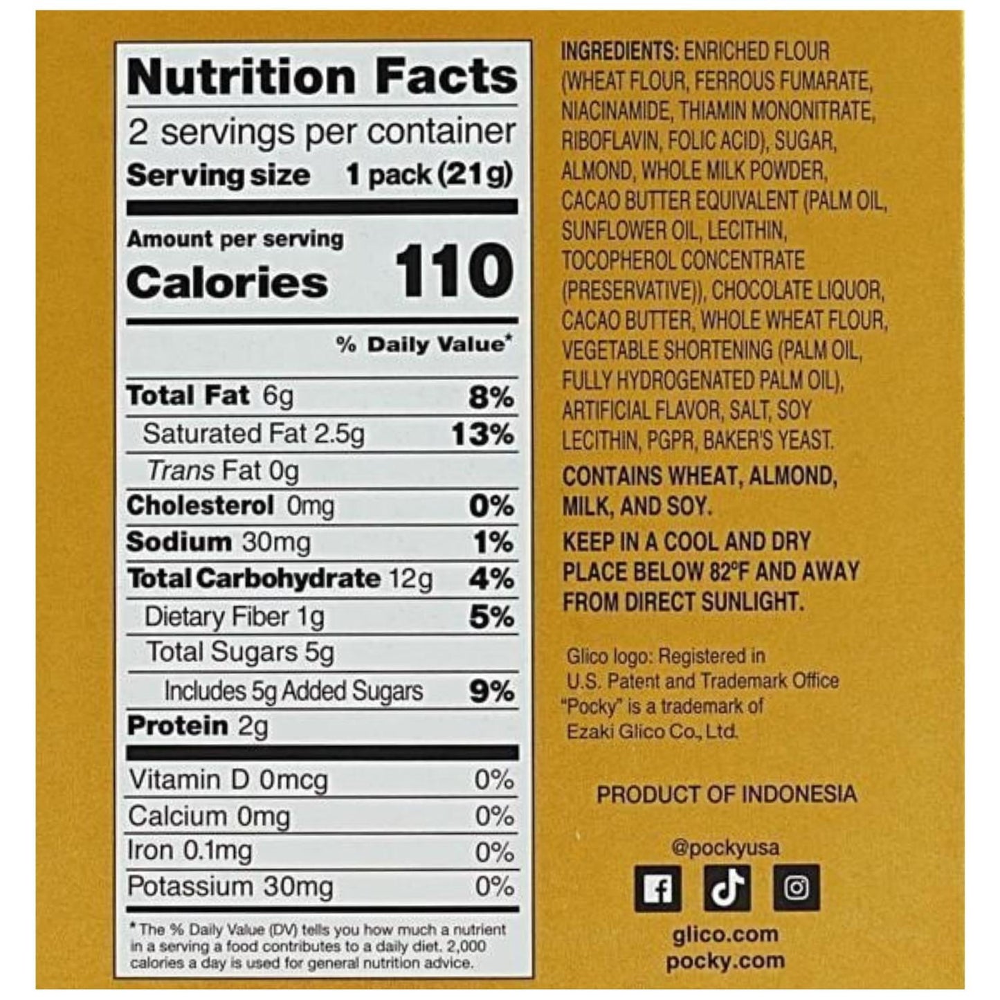 Pocky Almendras Trituradas, Paquete de 2, Caja de 1.45 oz, Hechas con Almendras Reales, Contiene Alérgenos