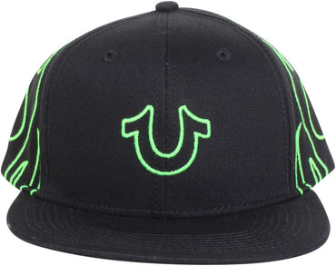True Religion Gorra de béisbol flaming para hombre de algodón Snapback, Negro/Verde