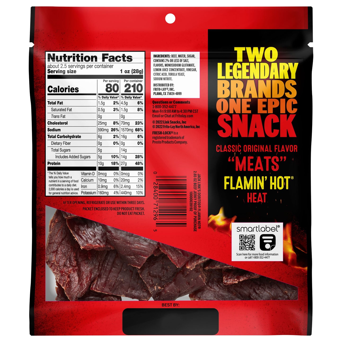 Jack Link's Flamin' Hot Cecina de Res Original con Sabor y Carnes Secas, Bolsa de 2.65 oz