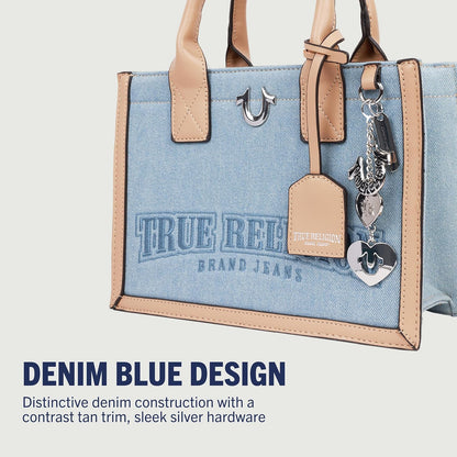 True Religion Bolso de mano, bolso de viaje con logotipo para mujer, mezclilla