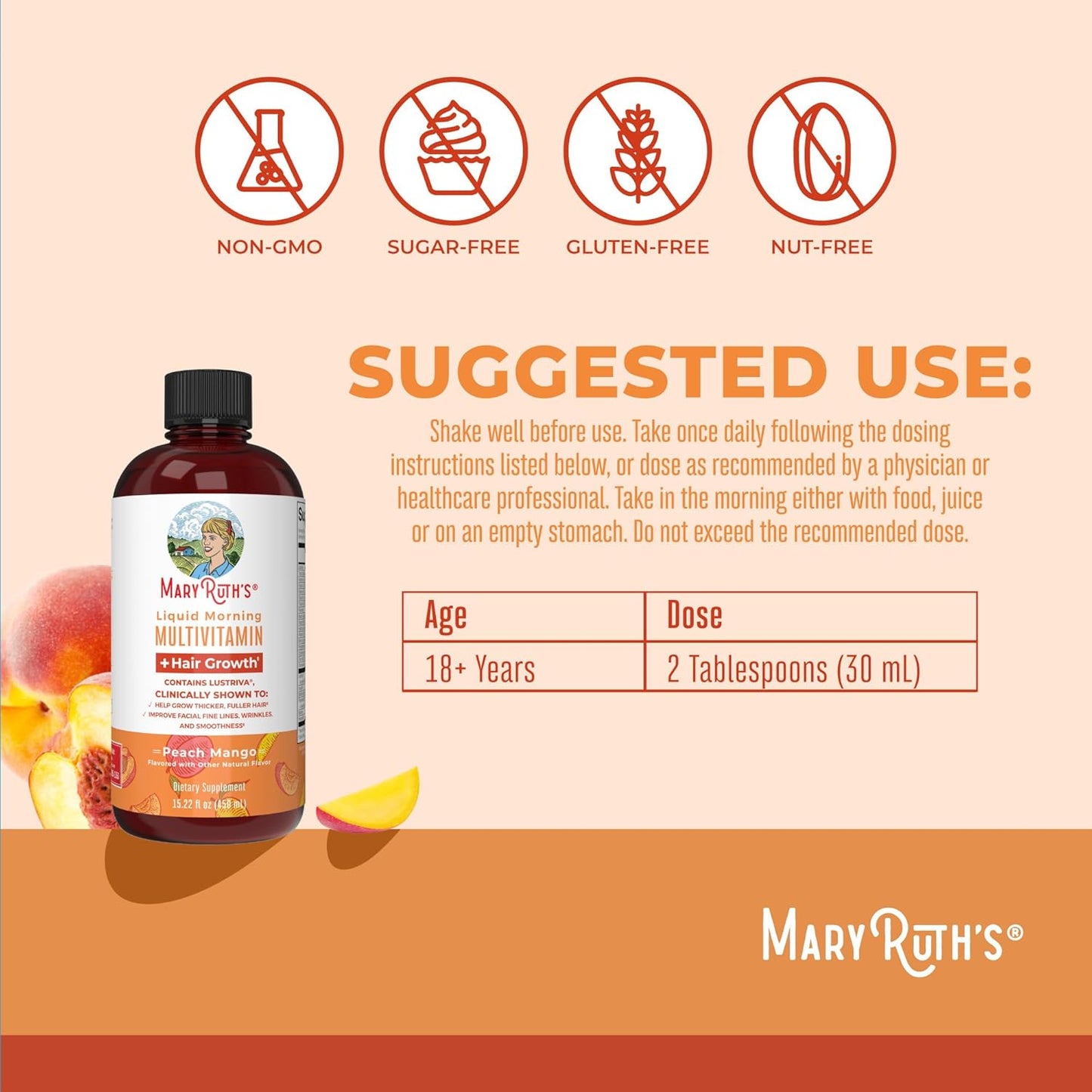 MaryRuth Organics Multivitamínico líquido+crecimiento del cabello | Biotina 10000mcg 