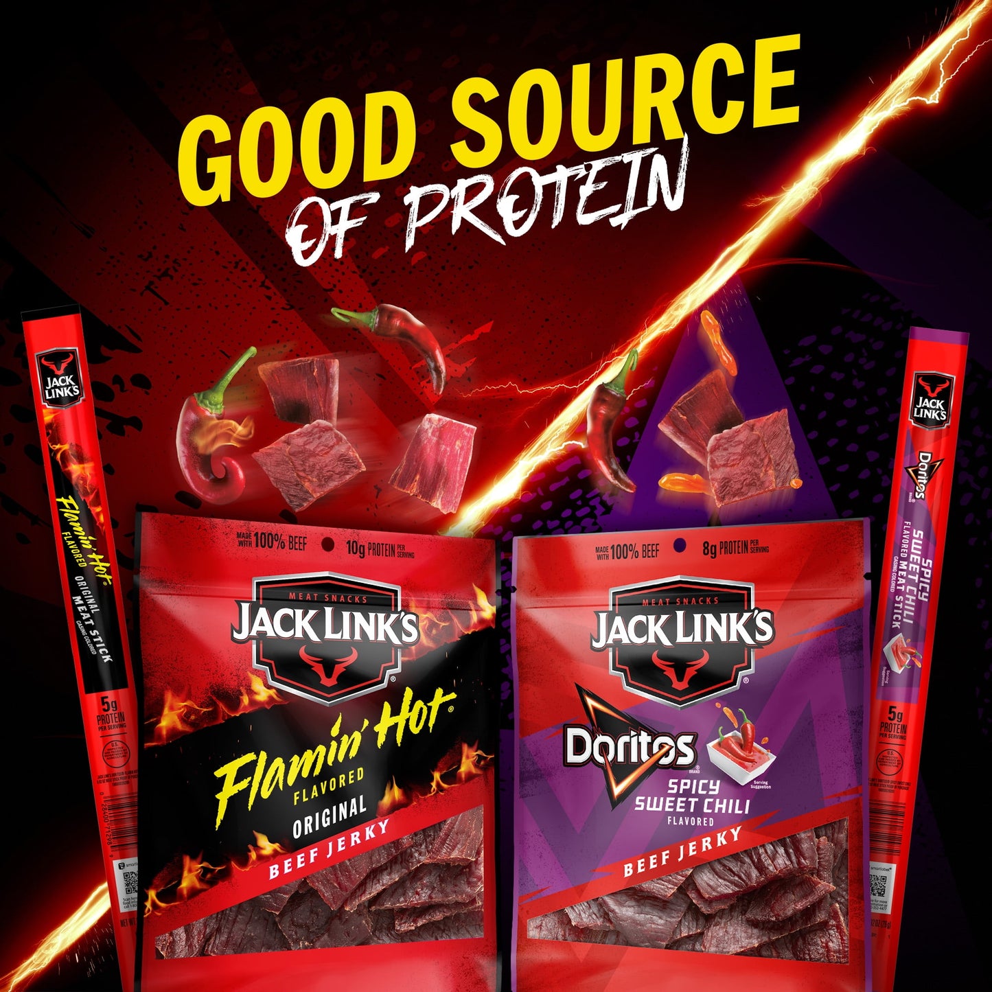 Jack Link's Flamin' Hot Cecina de Res Original con Sabor y Carnes Secas, Bolsa de 2.65 oz