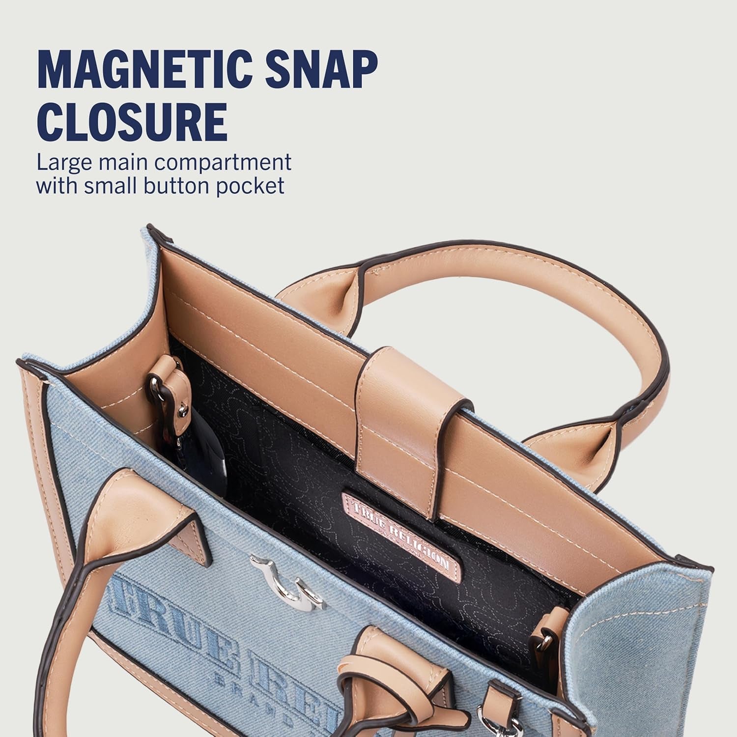 True Religion Bolso de mano, bolso de viaje con logotipo para mujer, mezclilla