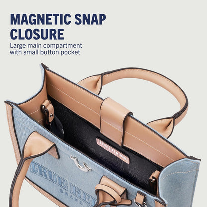 True Religion Bolso de mano, bolso de viaje con logotipo para mujer, mezclilla