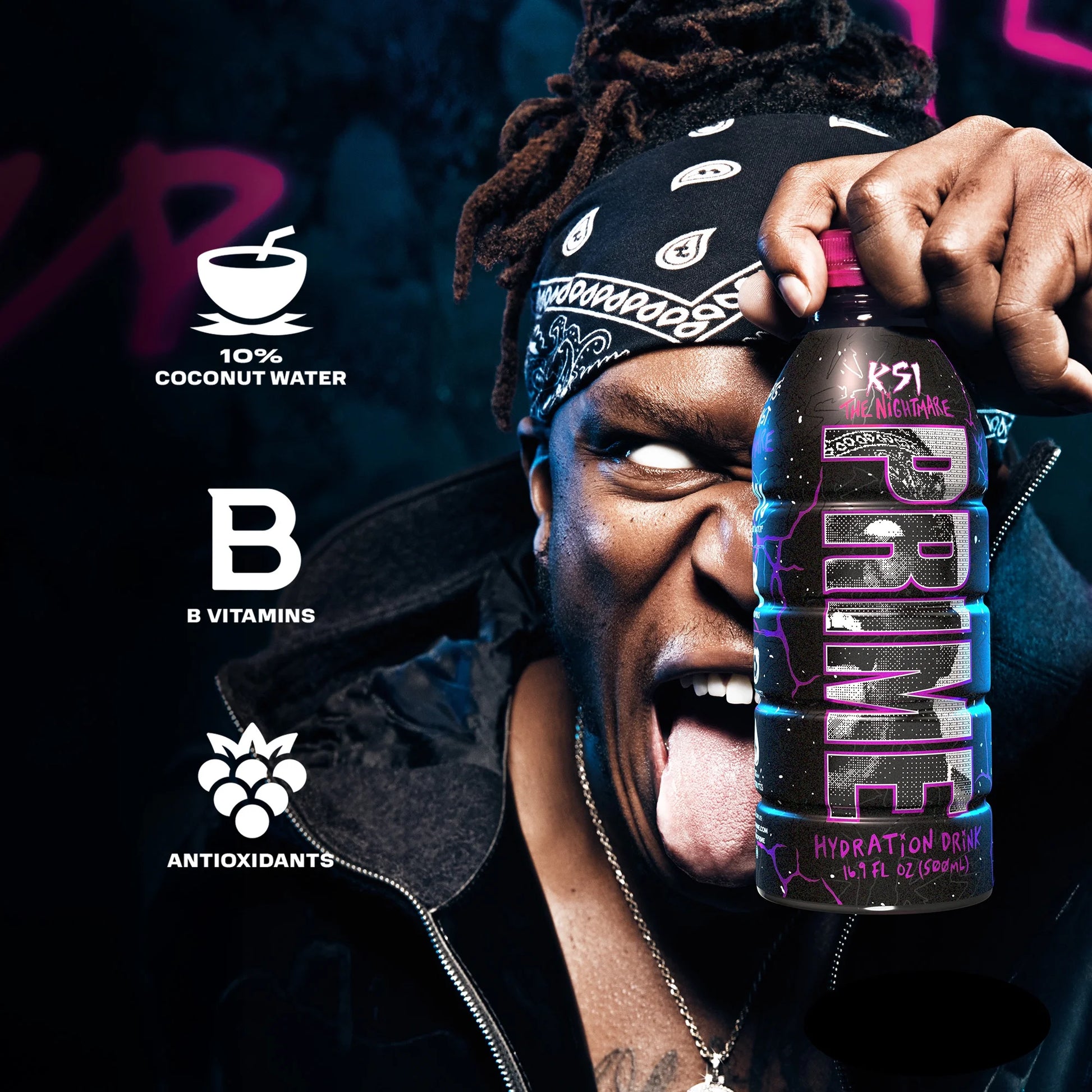 Prime Hydration Bebida Deportiva KSI la Pesadilla, 16,9 fl oz, Botella