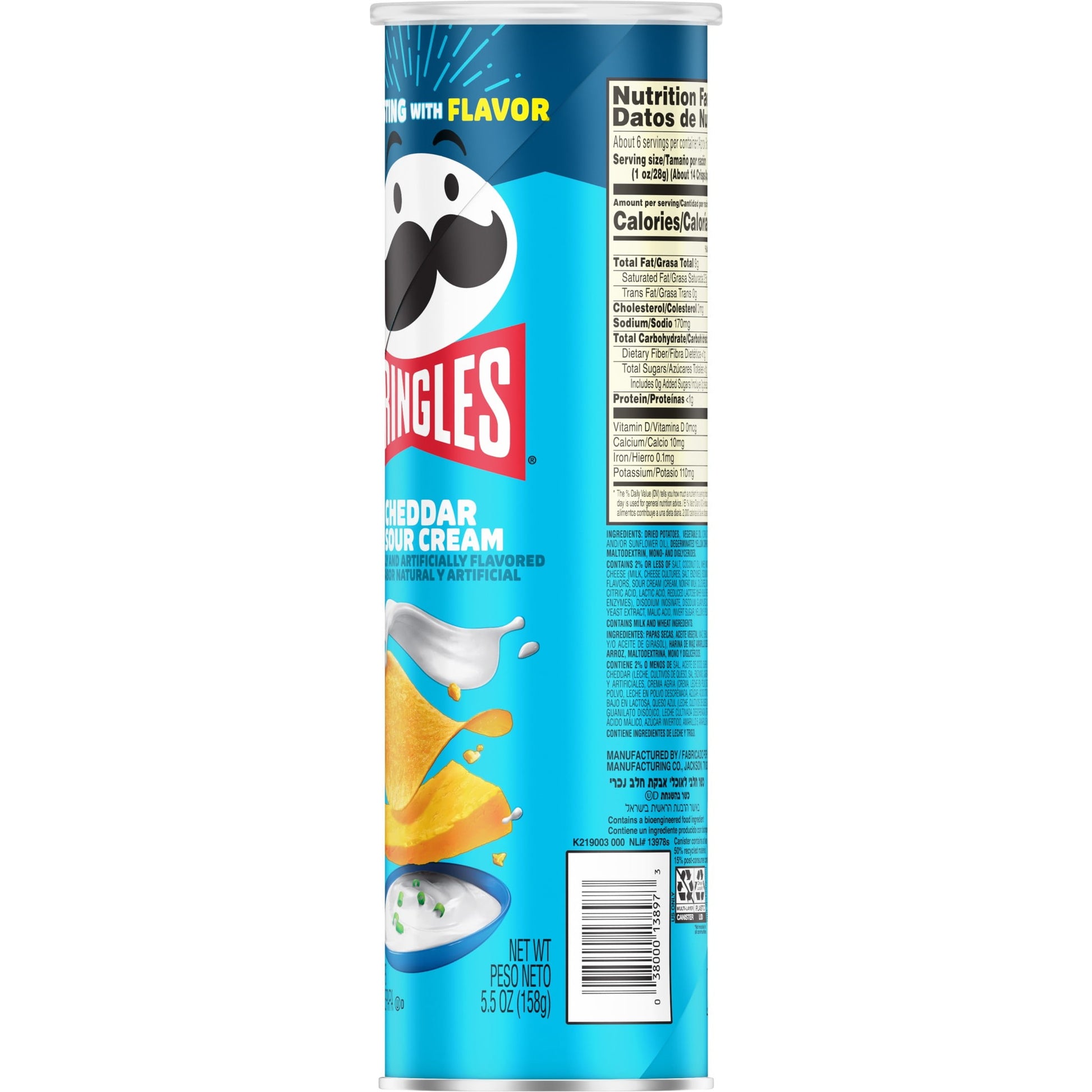 Pringles Papas Fritas Cheddar y Crema Agria, Snacks para el Almuerzo, 5.5 oz
