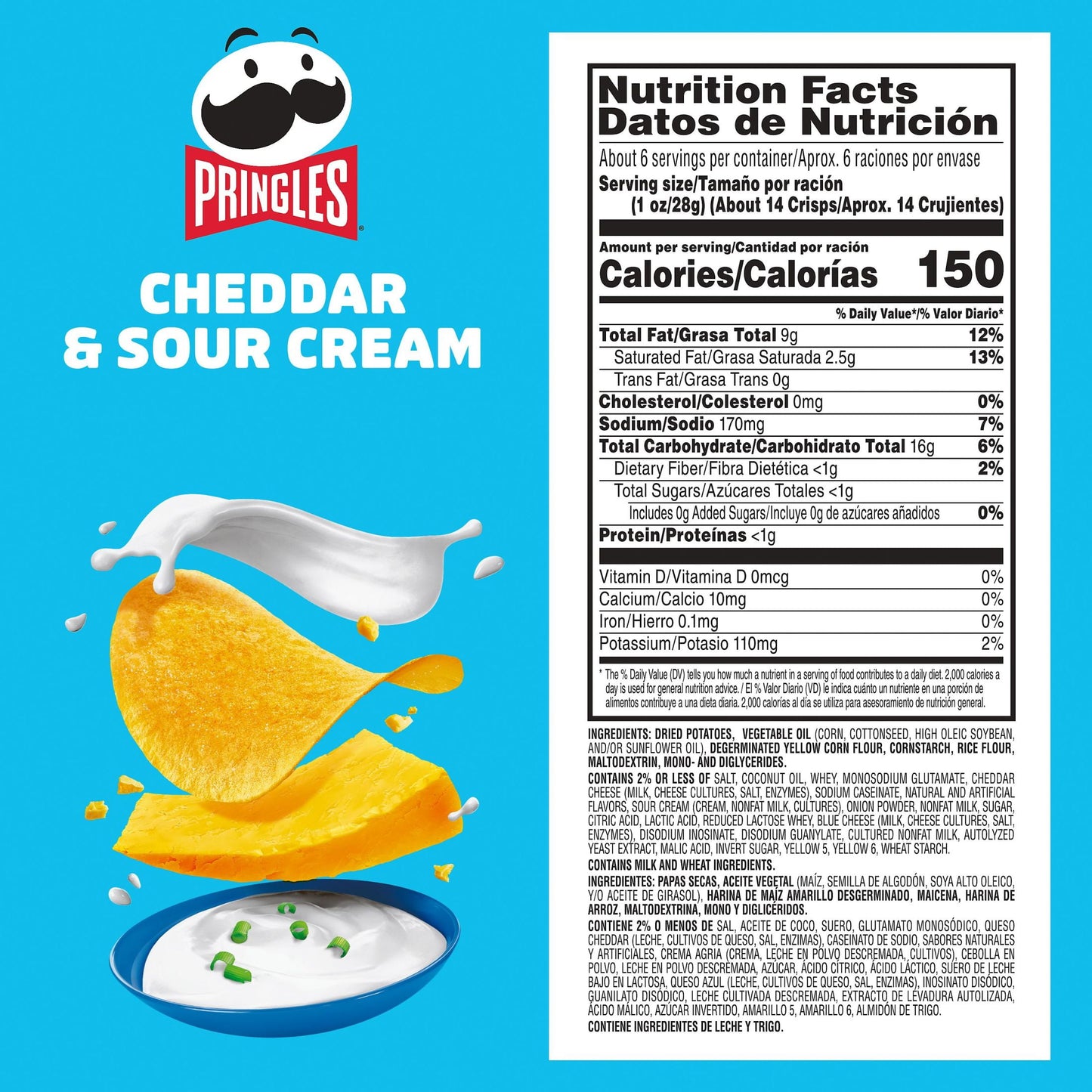 Pringles Papas Fritas Cheddar y Crema Agria, Snacks para el Almuerzo, 5.5 oz