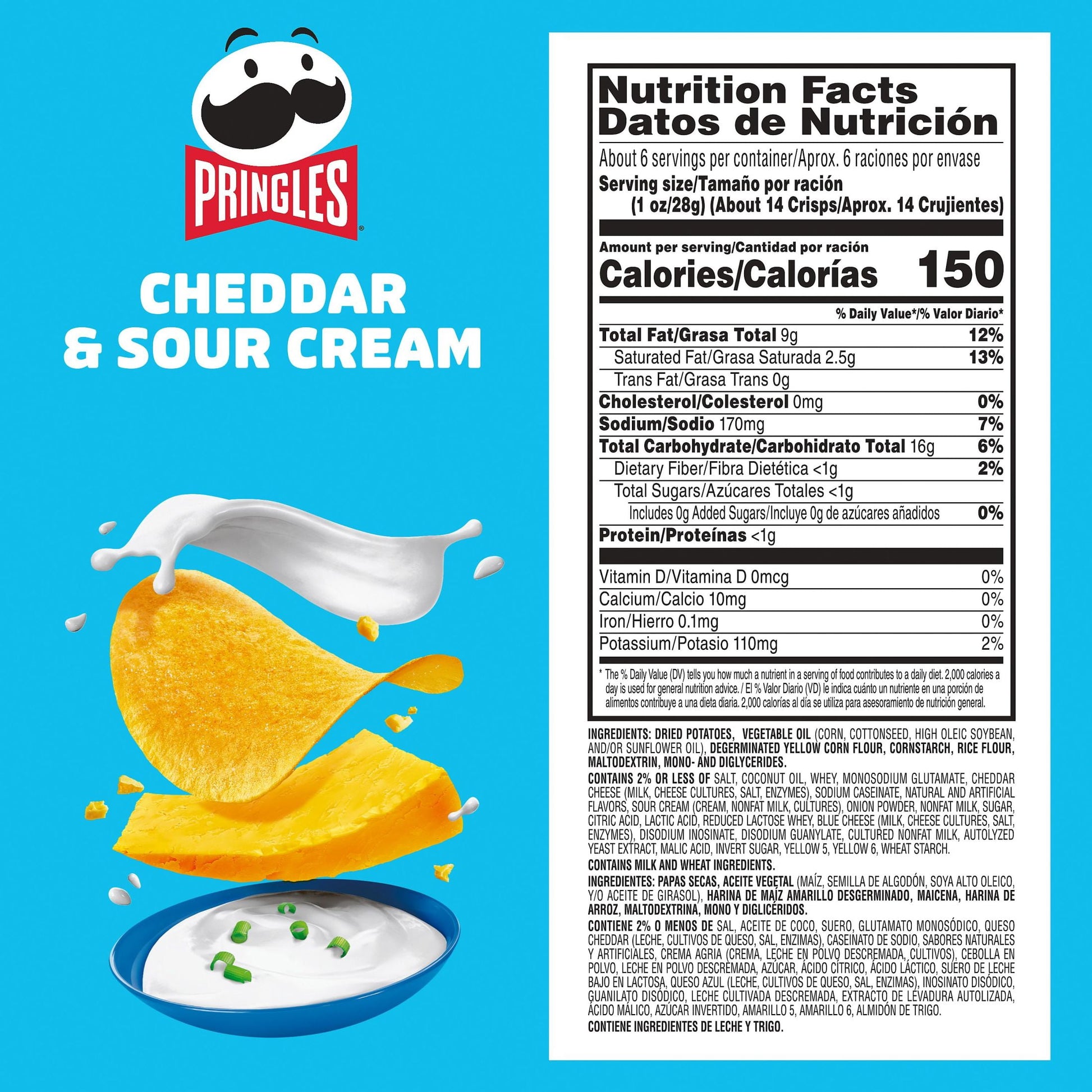 Pringles Papas Fritas Cheddar y Crema Agria, Snacks para el Almuerzo, 5.5 oz