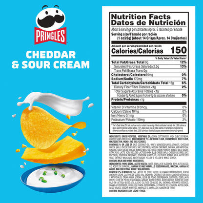 Pringles Papas Fritas Cheddar y Crema Agria, Snacks para el Almuerzo, 5.5 oz