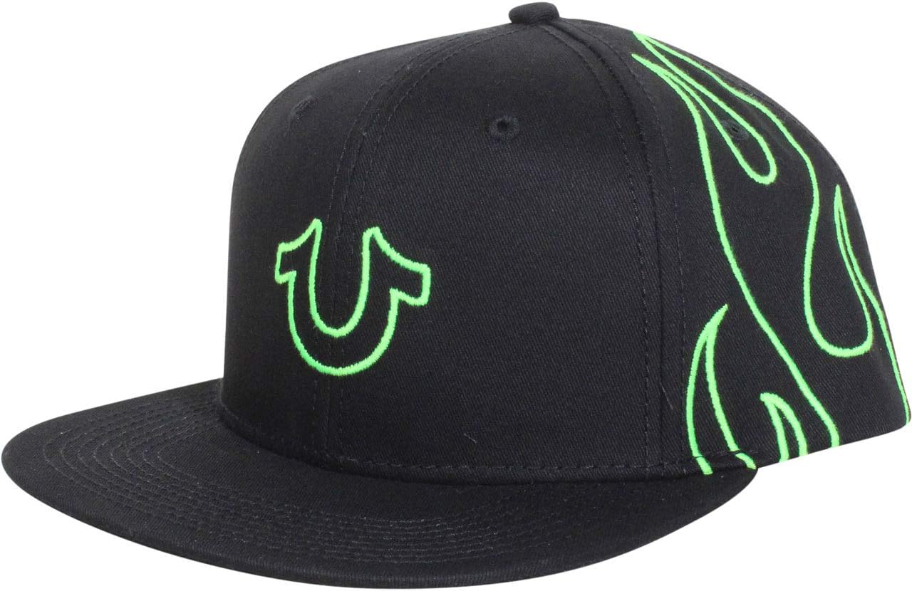 True Religion Gorra de béisbol flaming para hombre de algodón Snapback, Negro/Verde