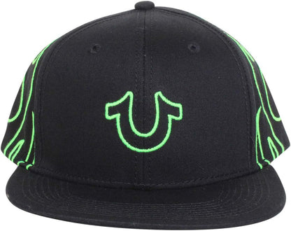 True Religion Gorra de béisbol flaming para hombre de algodón Snapback, Negro/Verde