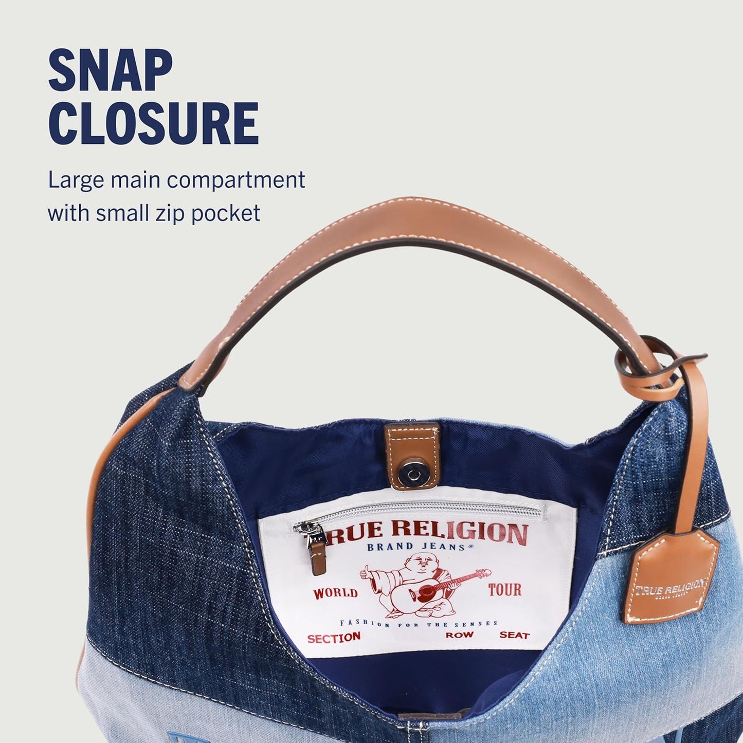 True Religion Bolso Hobo, bolso de hombro de mezclilla de retazos, logotipo de gran tamaño con cierre magnético a presión, herrajes plateados, azul mezclilla