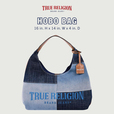 True Religion Bolso Hobo, bolso de hombro de mezclilla de retazos, logotipo de gran tamaño con cierre magnético a presión, herrajes plateados, azul mezclilla