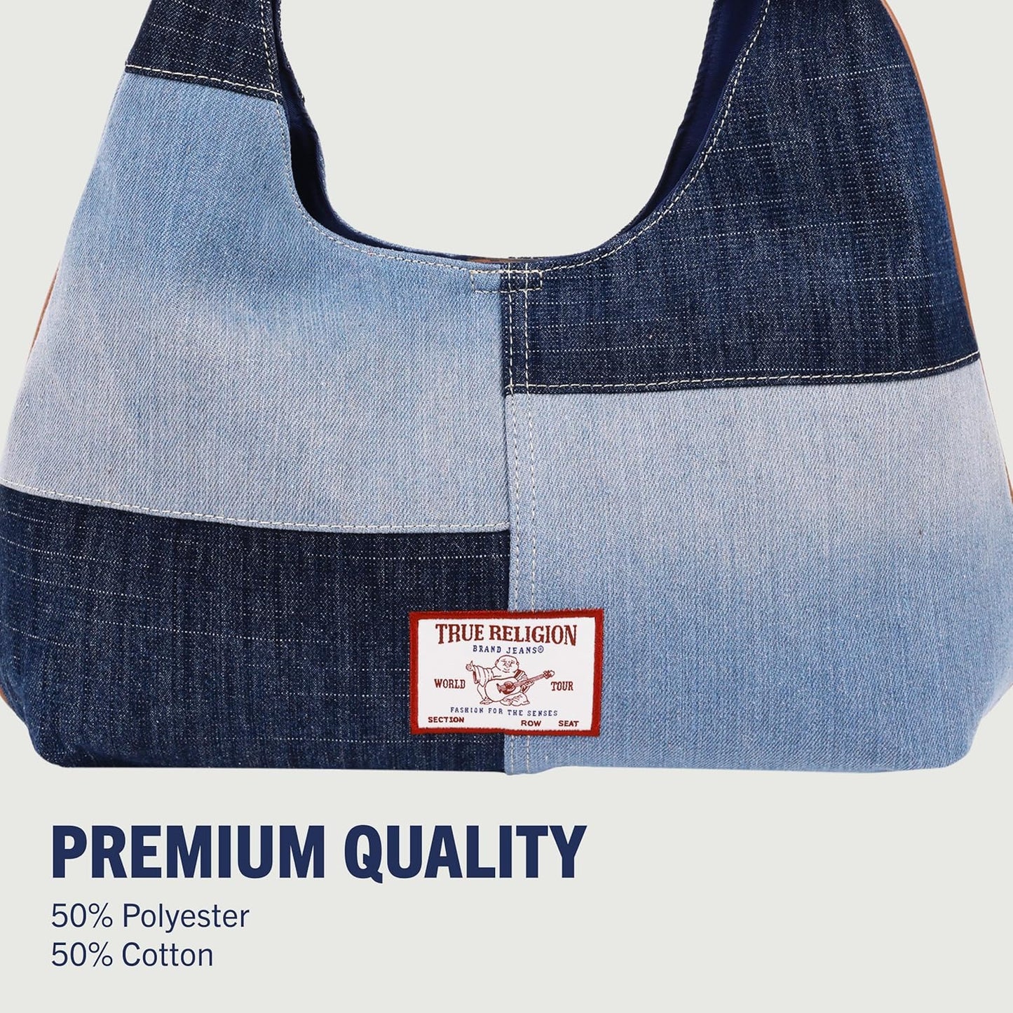 True Religion Bolso Hobo, bolso de hombro de mezclilla de retazos, logotipo de gran tamaño con cierre magnético a presión, herrajes plateados, azul mezclilla