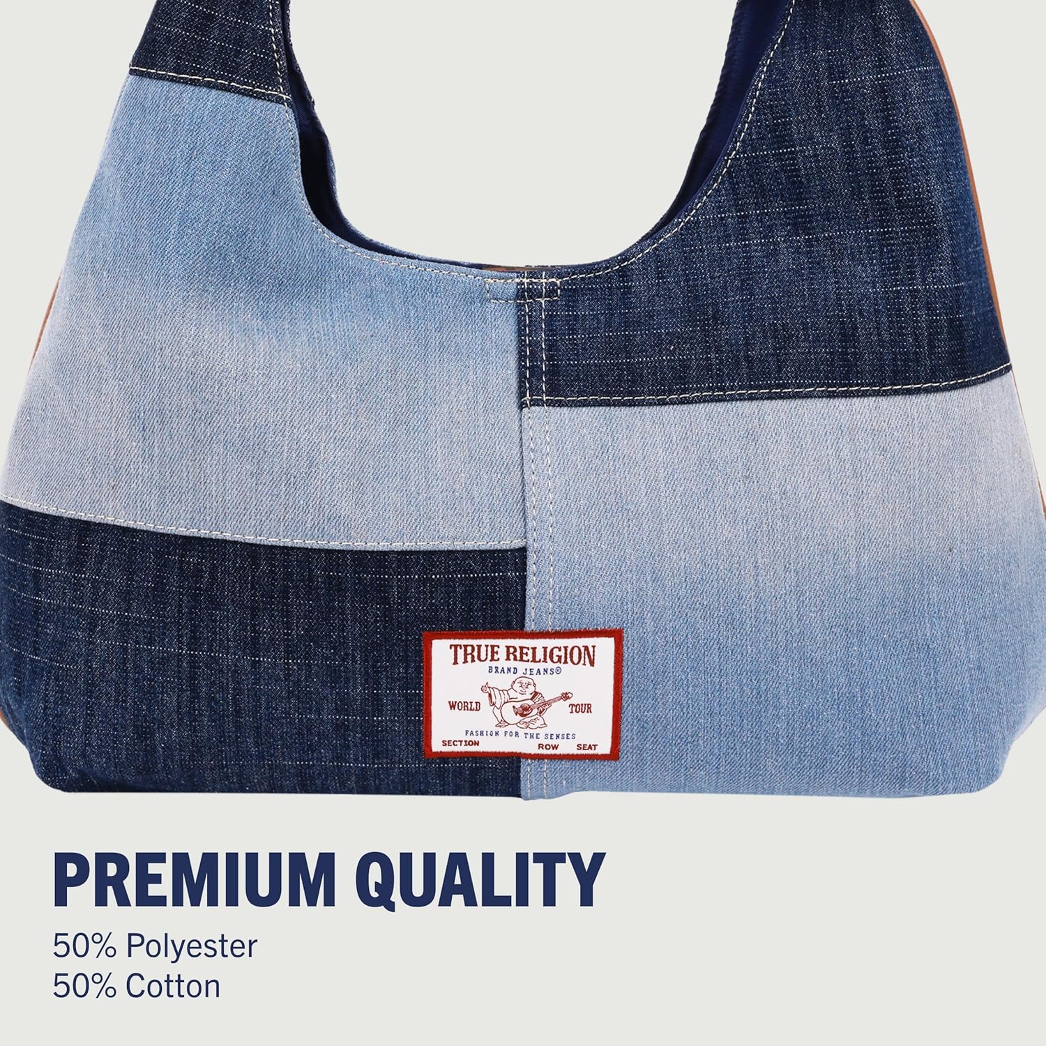 True Religion Bolso Hobo, bolso de hombro de mezclilla de retazos, logotipo de gran tamaño con cierre magnético a presión, herrajes plateados, azul mezclilla