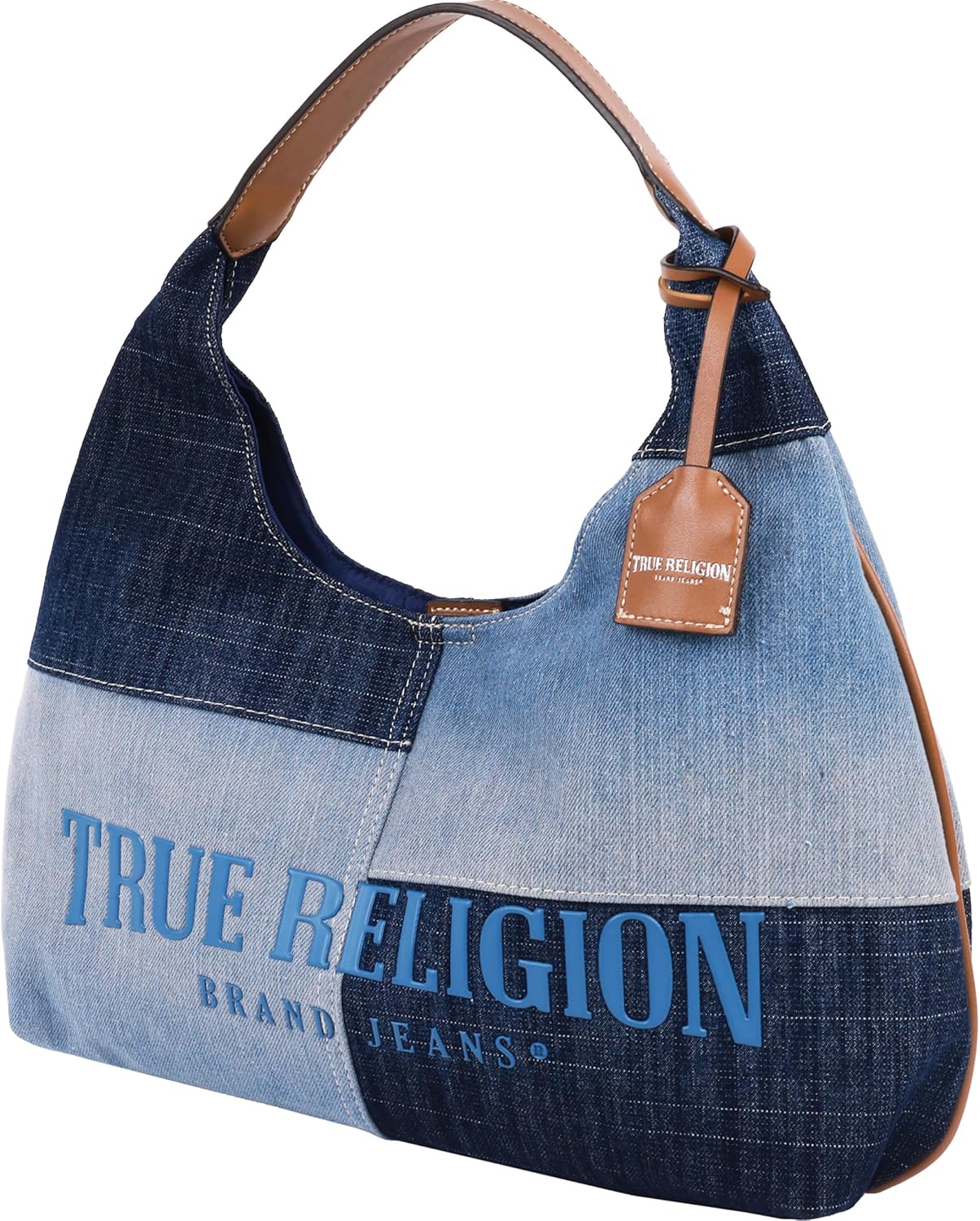 True Religion Bolso Hobo, bolso de hombro de mezclilla de retazos, logotipo de gran tamaño con cierre magnético a presión, herrajes plateados, azul mezclilla
