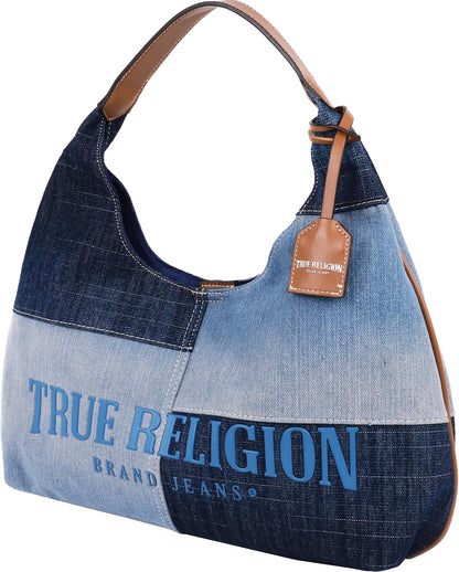 True Religion Bolso Hobo, bolso de hombro de mezclilla de retazos, logotipo de gran tamaño con cierre magnético a presión, herrajes plateados, azul mezclilla