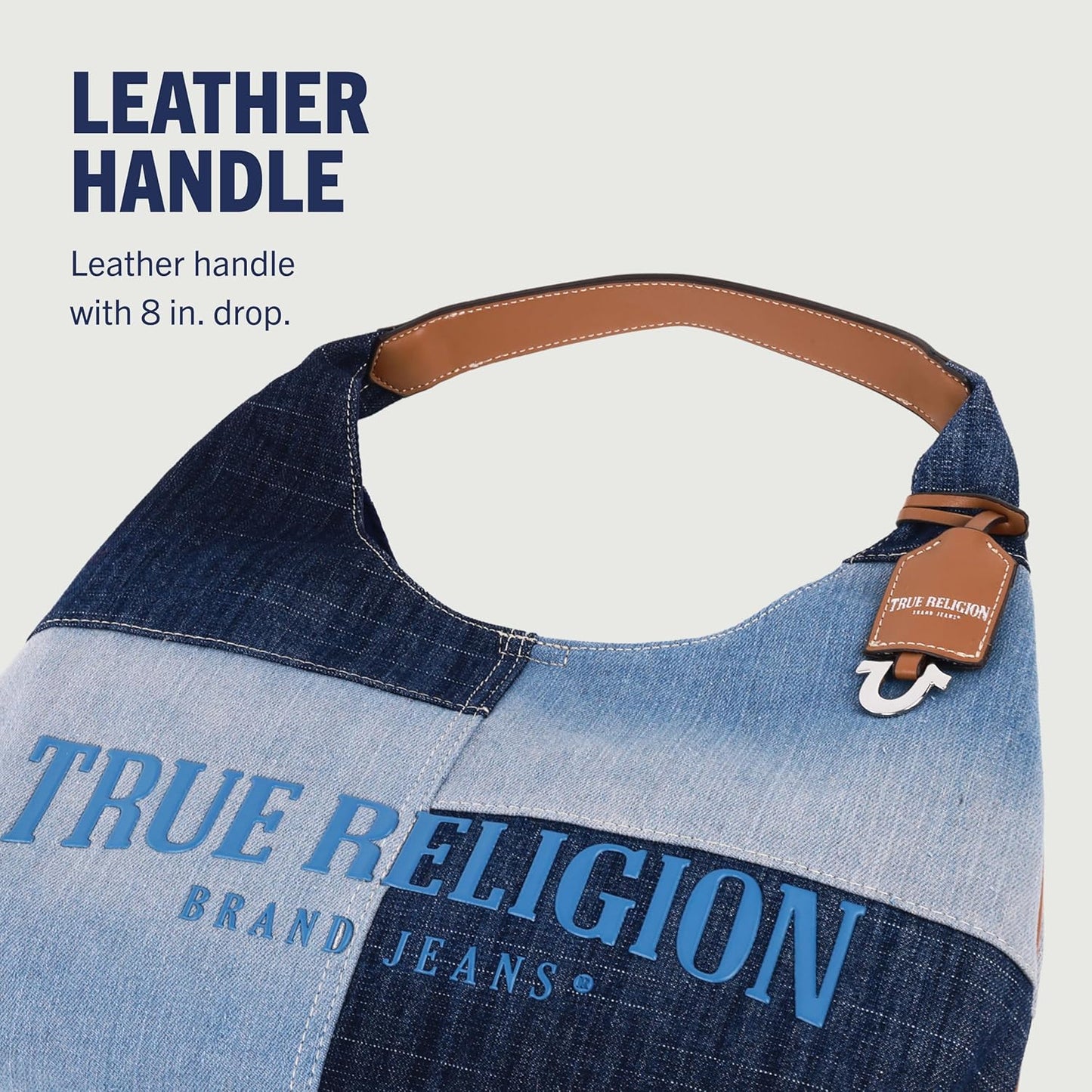 True Religion Bolso Hobo, bolso de hombro de mezclilla de retazos, logotipo de gran tamaño con cierre magnético a presión, herrajes plateados, azul mezclilla