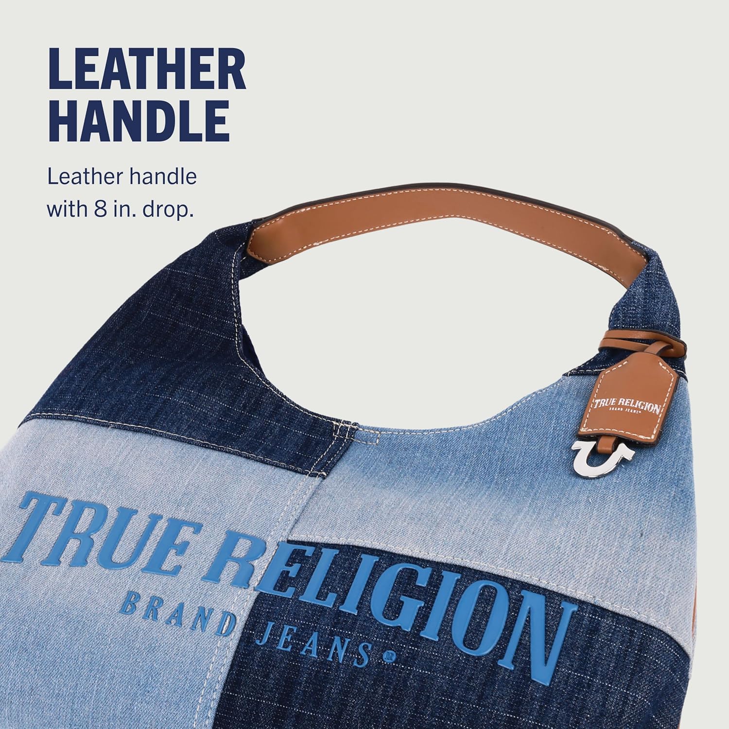 True Religion Bolso Hobo, bolso de hombro de mezclilla de retazos, logotipo de gran tamaño con cierre magnético a presión, herrajes plateados, azul mezclilla