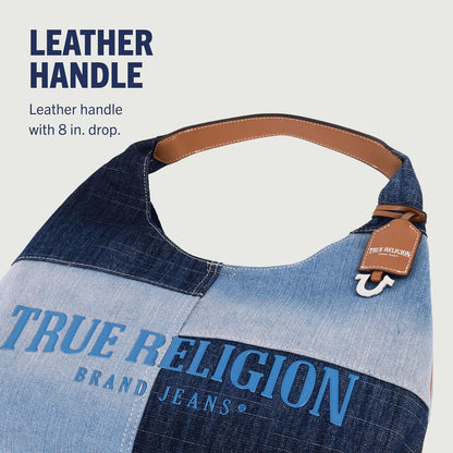 True Religion Bolso Hobo, bolso de hombro de mezclilla de retazos, logotipo de gran tamaño con cierre magnético a presión, herrajes plateados, azul mezclilla