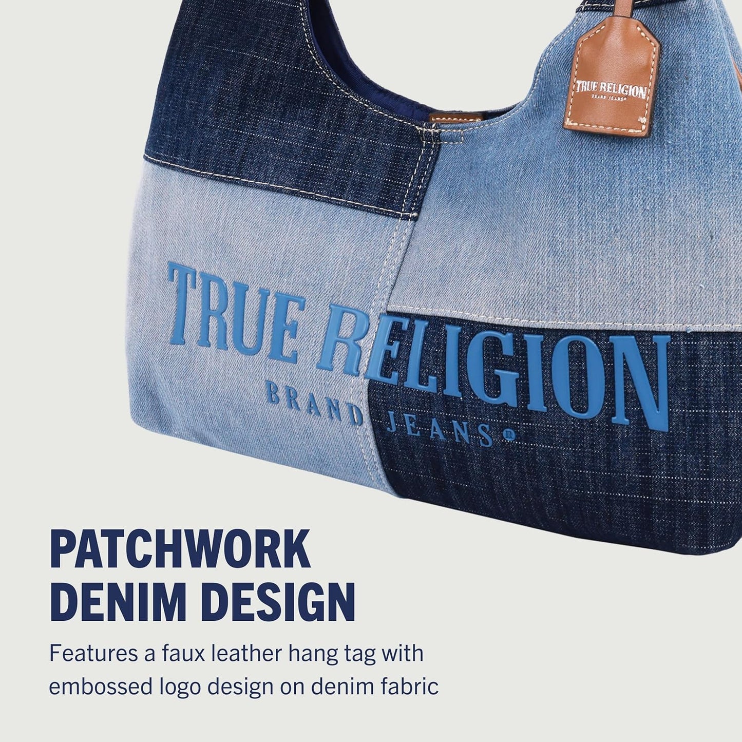True Religion Bolso Hobo, bolso de hombro de mezclilla de retazos, logotipo de gran tamaño con cierre magnético a presión, herrajes plateados, azul mezclilla