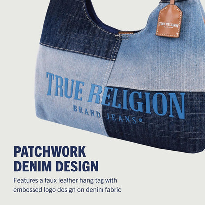 True Religion Bolso Hobo, bolso de hombro de mezclilla de retazos, logotipo de gran tamaño con cierre magnético a presión, herrajes plateados, azul mezclilla