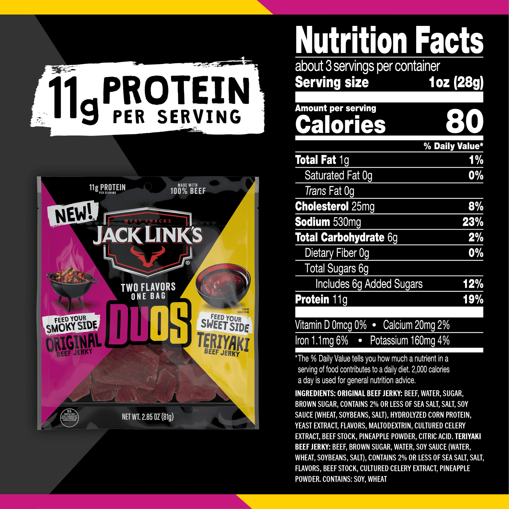 2.85 Oz Jack Link's Duos Cecina de Res Original y Teriyaki 