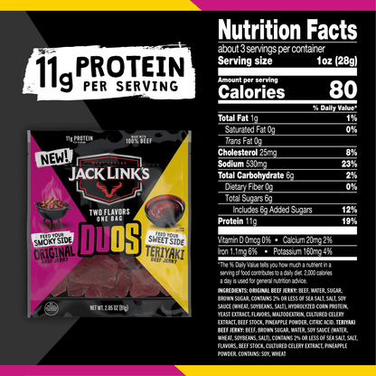 2.85 Oz Jack Link's Duos Cecina de Res Original y Teriyaki 