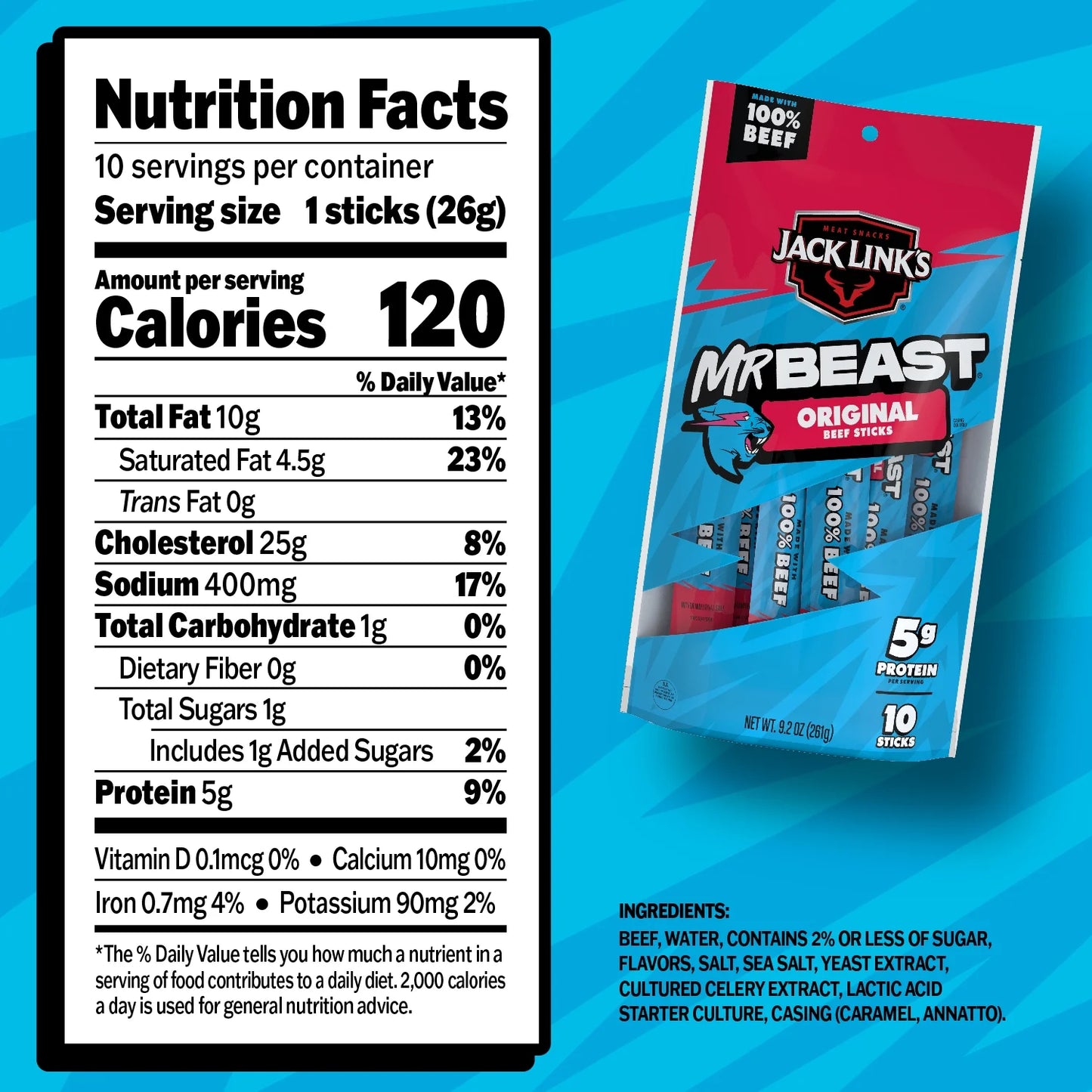Jack Link’S X Mrbeast Original Beef Sticks, 9.2 Ounce, 10 Pack of .92 Ounce Meat Sticks