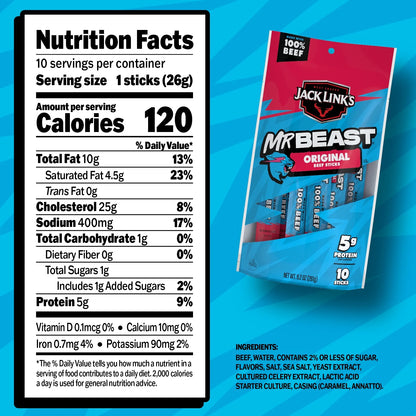Jack Link’S X Mrbeast Original Beef Sticks, 9.2 Ounce, 10 Pack of .92 Ounce Meat Sticks