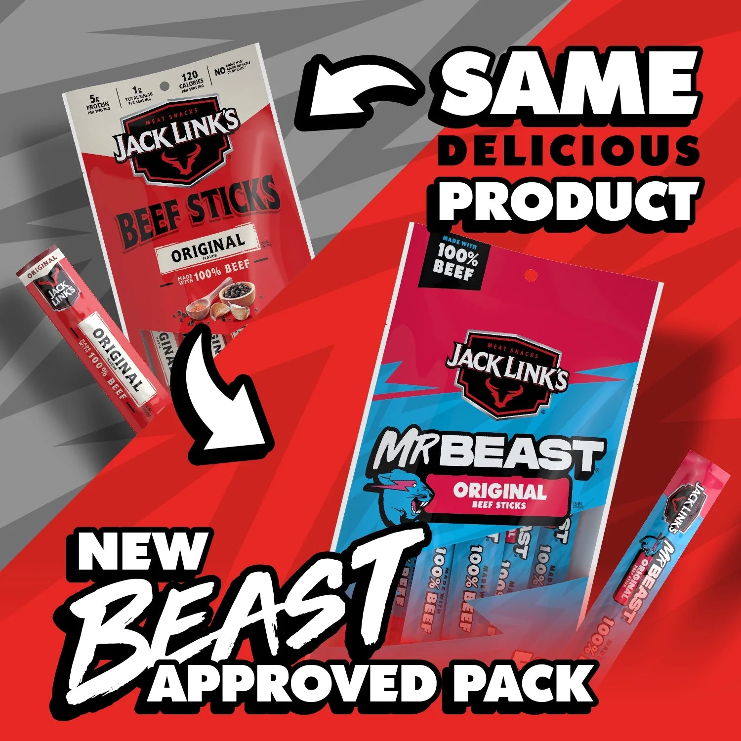 Jack Link’S X Mrbeast Original Beef Sticks, 9.2 Ounce, 10 Pack of .92 Ounce Meat Sticks