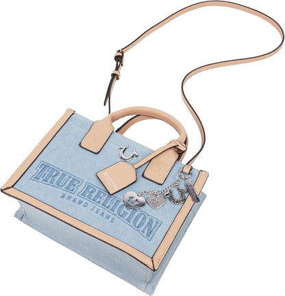 True Religion Bolso de mano, bolso de viaje con logotipo para mujer, mezclilla